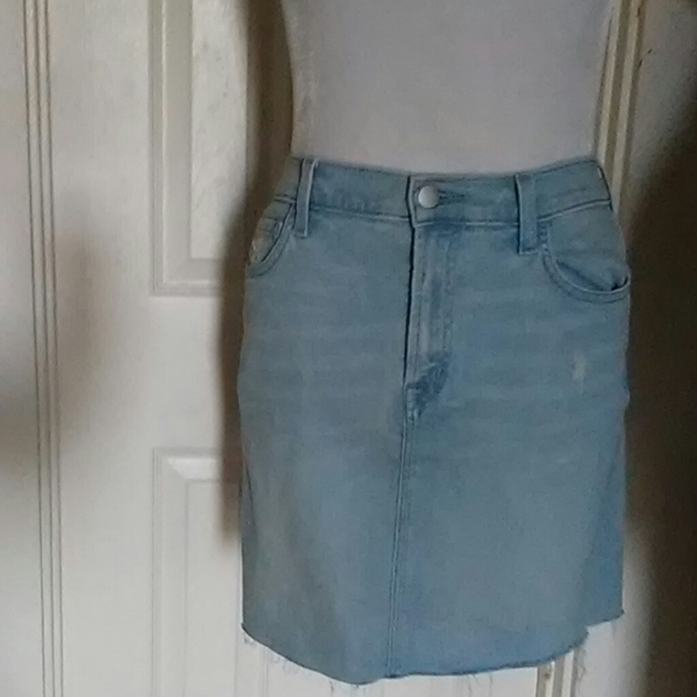 J Brand light washed distressed denim mini skirt